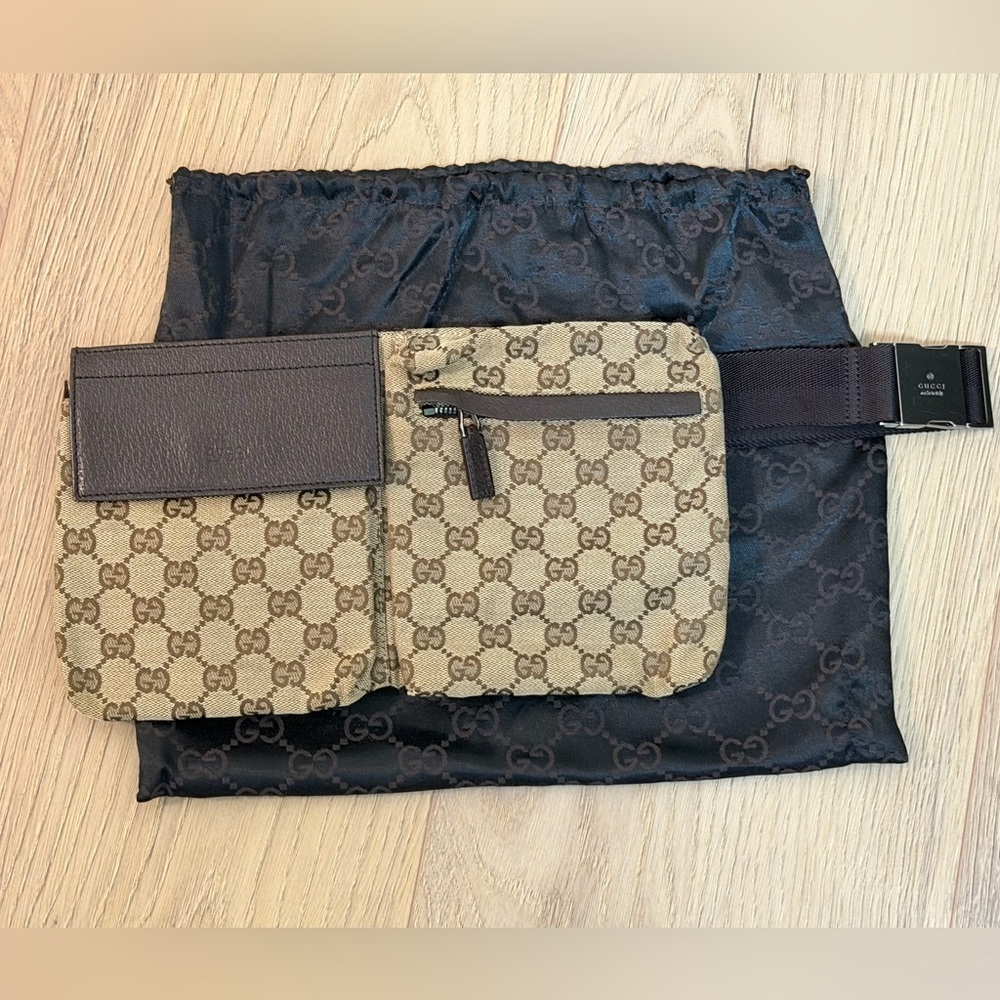 Gucci Beige and Brown Monogram Belt Bag. Dust Bag Included.